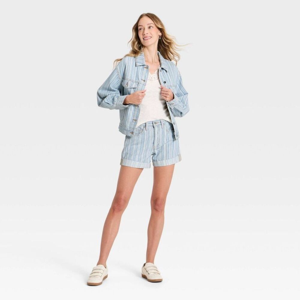 Women's Relaxed Barrel Denim Jacket - Universal Thread Blue Striped XL - Picture 3 of 3